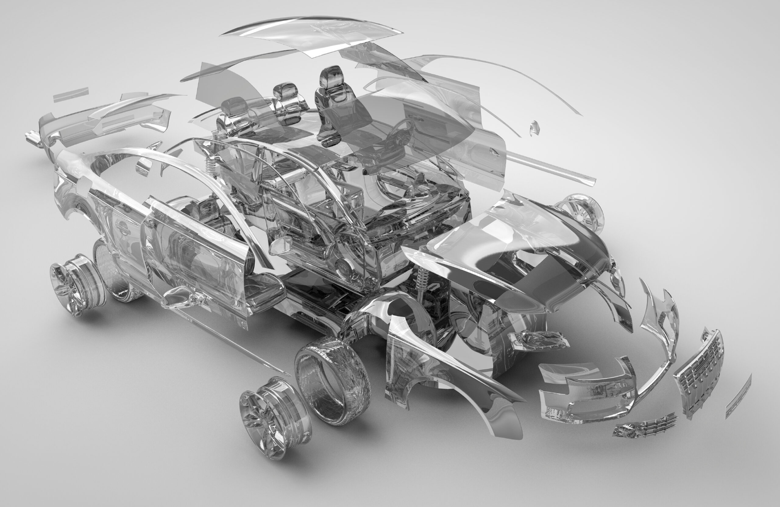 exploded transparent car